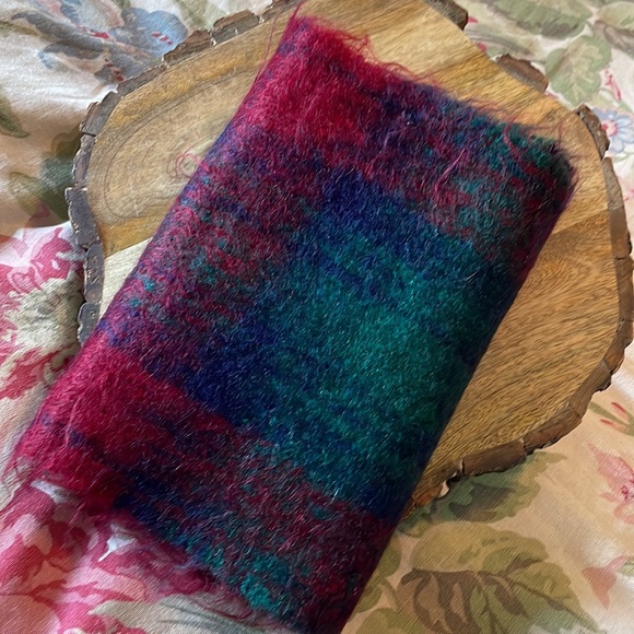 Wool Angora Winter Scarf UNISEX Fringe Edges 9”W x 46”L Plaid Vibrant $160 NEW - Picture 14 of 15